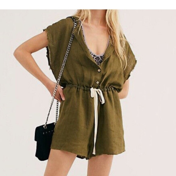 Free People Pants - FREE PEOPLE All Day Linen Romper
SHORTALL COVERALL ONE PIECE ARMY GREEN